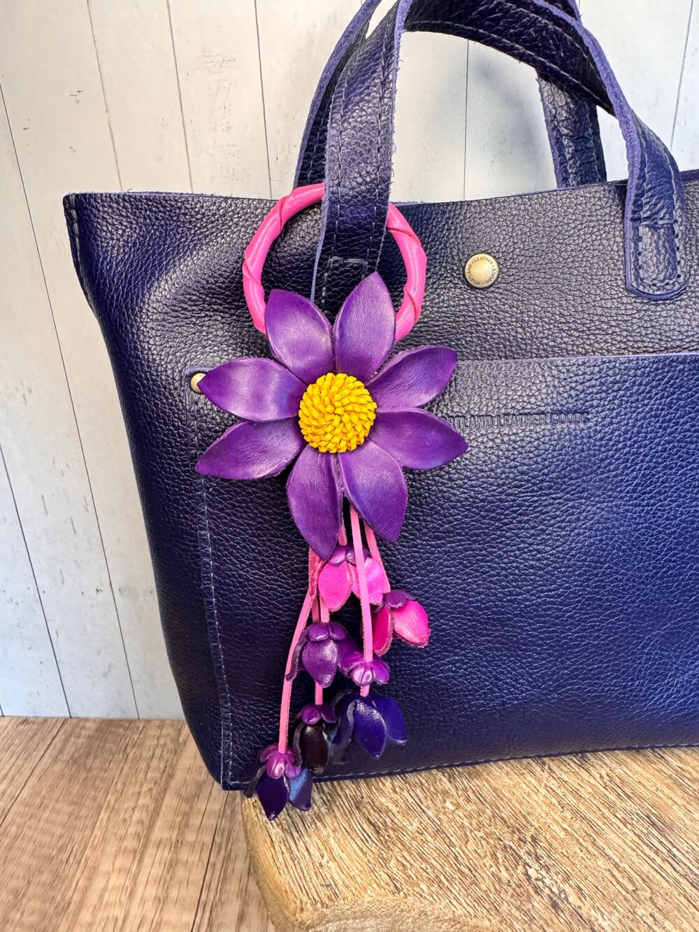 Leather Purse Charm Purple Flower Charm Genuine Leather Bag Charm NEW!